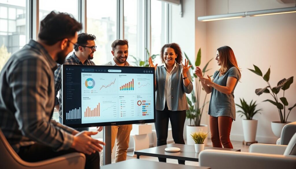 A bright, modern office with a team of passionate activists reviewing the results of their email marketing campaign. In the foreground, a large screen displays detailed metrics and graphs, illuminated by warm lighting. In the middle, the activists gesticulate animatedly, analyzing the data and strategizing their next steps. The background features sleek, minimalist furniture and potted plants, creating a professional yet vibrant atmosphere. The scene conveys a sense of momentum, collaboration, and a commitment to driving positive change through effective digital advocacy.