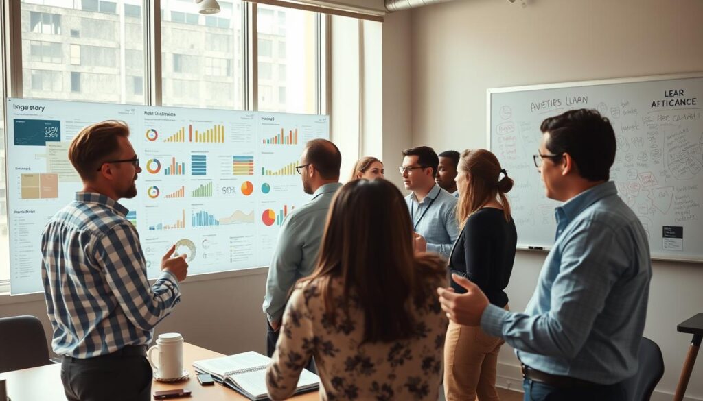 A bustling office scene, with analysts and activists poring over data visualizations and interactive dashboards. Bright, natural lighting filters in through large windows, casting a warm glow over the collaborative workspace. In the foreground, a diverse team brainstorms, gesticulating animatedly as they interpret insightful charts and graphs. The middle ground showcases a dynamic data wall, featuring real-time metrics and infographics that tell a compelling story of social impact. In the background, a whiteboard is covered in scribbled notes and sketches, reflecting the iterative, data-driven approach to driving change. The overall atmosphere is one of purposeful, data-powered advocacy.