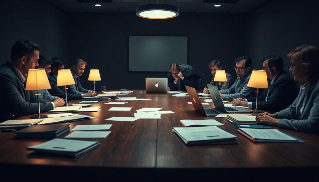 A dimly lit conference room, with a large wooden table at the center. Scattered papers, laptops, and crisis management folders sit atop the table, illuminated by the soft glow of desk lamps. In the foreground, a group of professionals in business attire lean in, engaged in a tense discussion, their expressions reflecting the gravity of the situation. The background is hazy, conveying a sense of unease and uncertainty, as they work to develop a comprehensive plan to address the impending activist backlash. The scene is captured through a wide-angle lens, creating a sense of depth and emphasizing the collaborative nature of the crisis management process.