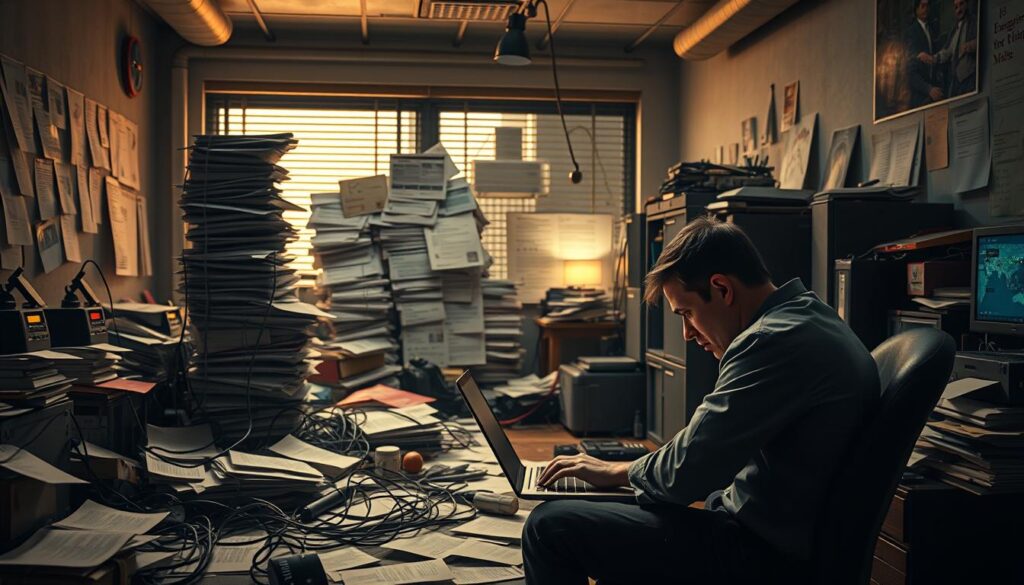 A dimly lit office space, cluttered with scattered papers, outdated tech, and a sense of disorganization. In the foreground, a person sits hunched over a laptop, brow furrowed in frustration, surrounded by the tangible manifestation of their mistakes - tangled cables, blinking indicators, and a teetering tower of ill-conceived social media posts. The middle ground reveals a cacophony of contradictory messages, low-quality graphics, and poorly timed content, all vying for attention. In the background, a faint glow of the "viral" dream fades, replaced by the harsh reality of engagement metrics and missed opportunities. The overall atmosphere conveys a sense of wasted potential and the need for a more thoughtful, strategic approach to digital advocacy.