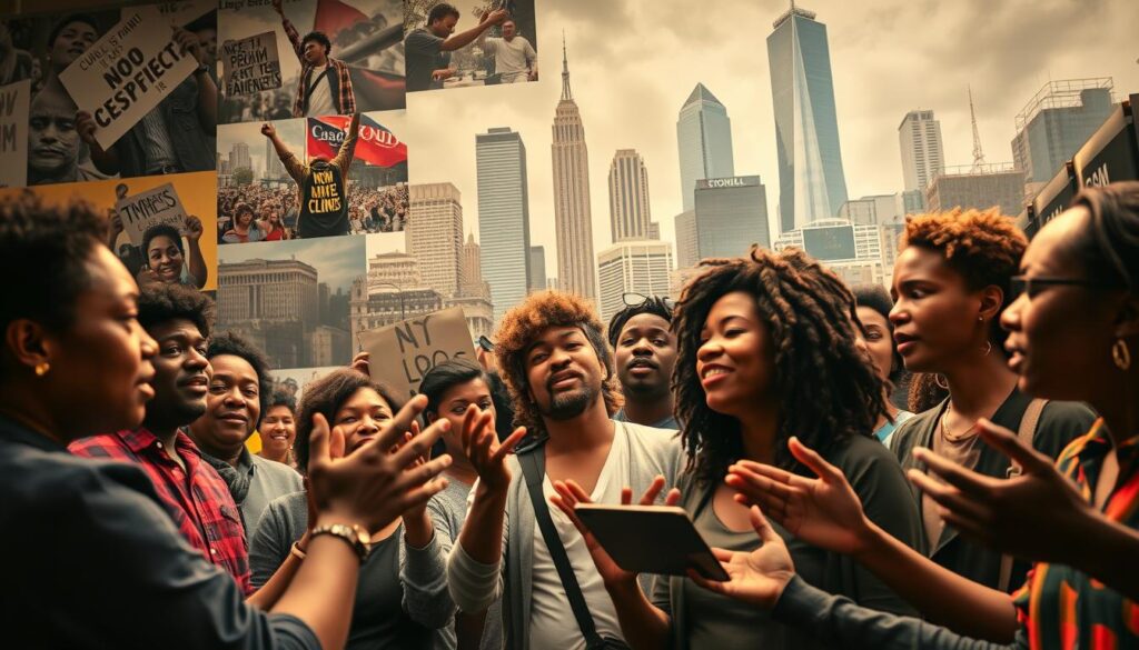 A diverse group of activists passionately sharing their impactful stories against a backdrop of vibrant urban landscapes. In the foreground, individuals gesticulate and engage the audience, their faces alight with determination. The middle ground features a collage of powerful imagery - protest signs, community gatherings, and moments of triumph. In the background, a tapestry of cityscape elements - towering skyscrapers, public murals, and bustling streets - create a dynamic, energetic setting. Warm, directional lighting illuminates the scene, casting dramatic shadows and highlighting the activists' resolve. A sense of momentum and collective impact permeates the frame, conveying the transformative power of storytelling.