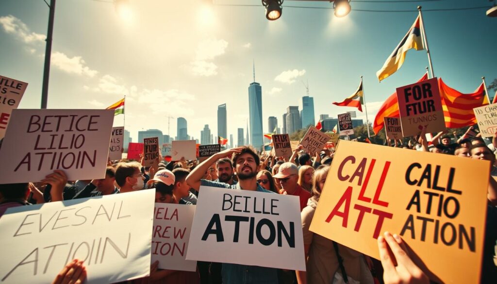A dynamic digital collage depicting effective call to action examples from social movements. In the foreground, protest signs with bold slogans and graphics held by determined protesters. In the middle ground, a diverse crowd of activists marching and chanting. In the background, a cityscape with towering skyscrapers and waving flags. Lighting is a mix of natural daylight and dramatic spotlights, creating a sense of energy and urgency. The camera angle is a low, dynamic perspective, emphasizing the scale and momentum of the scene. The overall mood is one of collective power, passion, and a resolute call to action.