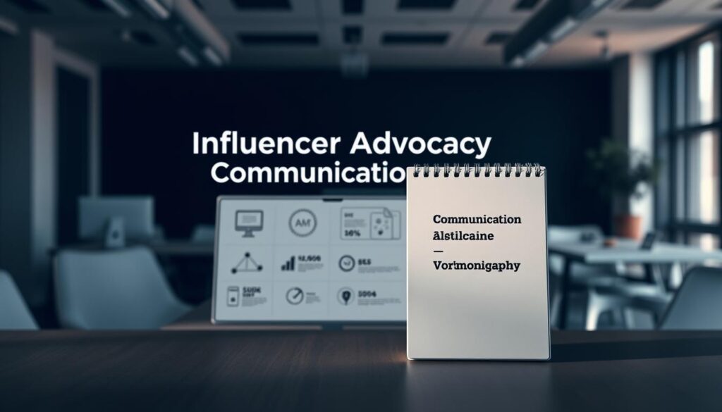 A sleek, modern editorial design layout featuring an "Influencer Advocacy Communication Guide" in the foreground. The guide is presented as a spiral-bound book with a minimalist cover, shot in a high-contrast, moody lighting setup. In the middle ground, icons, infographics, and typography hints at the guide's content. The background is a simple, blurred office or coworking space setting, creating a professional, corporate atmosphere.