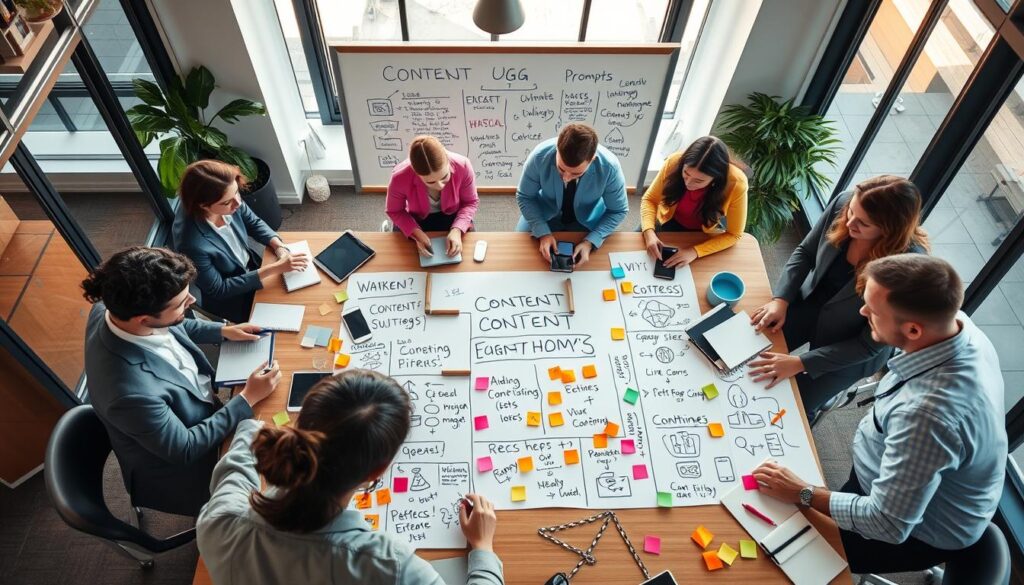 A dynamic and visually engaging workspace scene depicting a content strategy meeting for a hashtag campaign. In the foreground, a diverse group of professionals in business attire collaborate over a large table filled with digital devices, notebooks, and colorful post-it notes. The middle ground features a whiteboard filled with visual content pillars, brainstormed UGC prompts, and campaign goals illustrated with icons and sketches. The background highlights a modern office environment with large windows allowing natural light to flood the space, creating an energized and collaborative atmosphere. The camera angle provides an overhead view, capturing the essence of teamwork and strategic thinking, infused with a sense of innovation and enthusiasm. The overall mood is vibrant, focused, and inspiring.