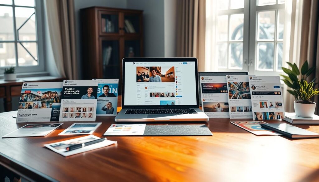 A collection of rapid response content templates displayed on an elegant wooden desk. In the foreground, there are colorful mock-ups of tweets, Instagram reels, and Twitter threads, showcasing various designs and engaging visuals. The middle layer features a modern laptop open with analytics and social media platforms visible on screen, symbolizing the essence of social listening. In the background, soft natural light floods the room from a large window, creating a warm and inviting atmosphere. The desk is surrounded by subtle office elements like a notepad, a pen, and a small plant, enhancing the professional vibe. The overall mood reflects creativity, urgency, and the dynamic nature of social media interactions.