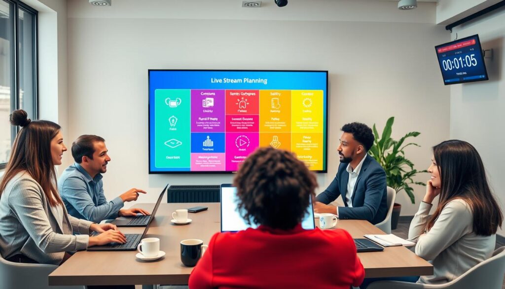 A modern digital workspace showcasing a live stream planning session. In the foreground, a diverse group of three professionals, dressed in smart casual attire, are engaged in discussion around a table filled with laptops, note pads, and coffee cups. Each person is focused, taking notes or pointing at a large screen displaying a colorful run-of-show graphic. The middle ground features a vibrant virtual backdrop illustrating various streaming icons and safety guidelines. In the background, a wall-mounted screen shows a countdown timer and a stylized "Live Stream" logo. The lighting is bright and inviting, suggesting an energetic and collaborative atmosphere, captured from a slightly elevated angle to encompass the entire scene.