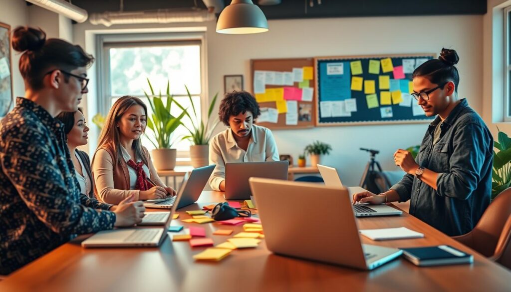A vibrant community meeting scene showcasing volunteer roles in action. In the foreground, a diverse group of individuals—two moderators engaged in constructive discussion, a diligent note-taker meticulously jotting down ideas, and a focused clip editor on a laptop, reviewing video snippets. The middle ground features a warm, inviting setup with colorful sticky notes and laptops spread across a large table, symbolizing teamwork and collaboration. In the background, soft, natural lighting filters in through windows, illuminating potted plants and a bulletin board filled with community announcements, creating an uplifting atmosphere. The camera angle is slightly elevated, capturing the interaction and energy among volunteers, emphasizing their commitment to community building efforts on social media platforms.