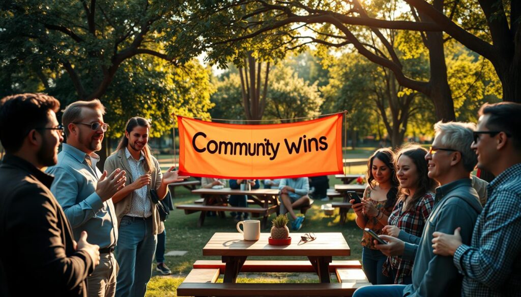A vibrant scene depicting a lively community ritual in a sunlit outdoor park setting. In the foreground, a diverse group of six individuals, dressed in professional casual attire, enthusiastically engage in an Ask Me Anything (AMA) session, with one person speaking animatedly while others listen intently, showcasing inclusiveness. In the middle of the composition, a colorful banner reading “Community Wins” flutters gently in the breeze, surrounded by a circle of people sharing their achievements via smartphones. In the background, a cozy gathering area with picnic tables and greenery, coupled with soft, warm lighting creating an inviting atmosphere, hints at off-line meetups. The perspective is slightly elevated, capturing the energy and camaraderie of a connected community event, radiating positivity and unity.