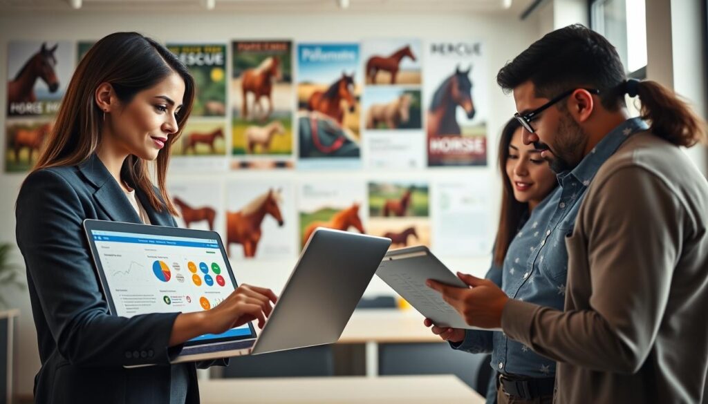 A bright, modern office space featuring a diverse group of three individuals engaged in a collaborative discussion about donor communication tools for rescue funding. In the foreground, a woman in professional business attire points to an open laptop displaying a crowdfunding platform interface, while a man and a woman analyze colorful charts and graphs on a tablet. The middle ground showcases a wall covered with posters of successful horse rescue campaigns, vibrant and inspiring. The background includes a large window illuminating the space with natural light, casting a warm, inviting ambiance. The atmosphere is focused and energetic, emphasizing teamwork and innovation in the context of animal welfare. Use a shallow depth of field to draw attention to the group while softly blurring the background details.