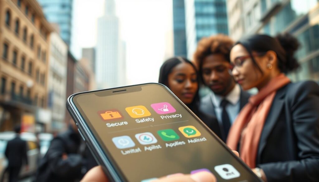 A close-up view of a smartphone displaying secure messaging apps with vibrant icons related to online safety and privacy. The background features a soft-focus urban setting, suggesting a bustling city where activists operate discreetly. In the foreground, a diverse group of three activists of different ethnicities, dressed in professional business attire, huddle together, engaged in conversation, their expressions focused and determined. Soft, natural lighting creates an atmosphere of urgency and collaboration. The angle captures the phone prominently while highlighting the group’s interaction, emphasizing themes of communication and safety in activism. The overall mood is one of resilience and empowerment, perfect for illustrating communication emergency plans.