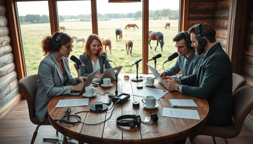 A cozy podcast planning space focused on audio advocacy strategy, featuring a round table made of reclaimed wood surrounded by four people engaging in discussion. In the foreground, a diverse group of professionals in smart casual attire—two women and two men—review notes and microphones, brainstorming on their laptops. The middle ground shows coffee cups and audio equipment like headphones and recorders spread out on the table, emphasizing collaboration. In the background, a large window with soft natural light streaming in, revealing a serene outdoor scene of a green pasture and horses grazing, symbolizing the connection to horse welfare. The overall atmosphere is warm and creative, with an inviting ambiance that captures the essence of teamwork in audio storytelling. A cozy podcast planning space focused on audio advocacy strategy, featuring a round table made of reclaimed wood surrounded by four people engaging in discussion. In the foreground, a diverse group of professionals in smart casual attire—two women and two men—review notes and microphones, brainstorming on their laptops. The middle ground shows coffee cups and audio equipment like headphones and recorders spread out on the table, emphasizing collaboration. In the background, a large window with soft natural light streaming in, revealing a serene outdoor scene of a green pasture and horses grazing, symbolizing the connection to horse welfare. The overall atmosphere is warm and creative, with an inviting ambiance that captures the essence of teamwork in audio storytelling.