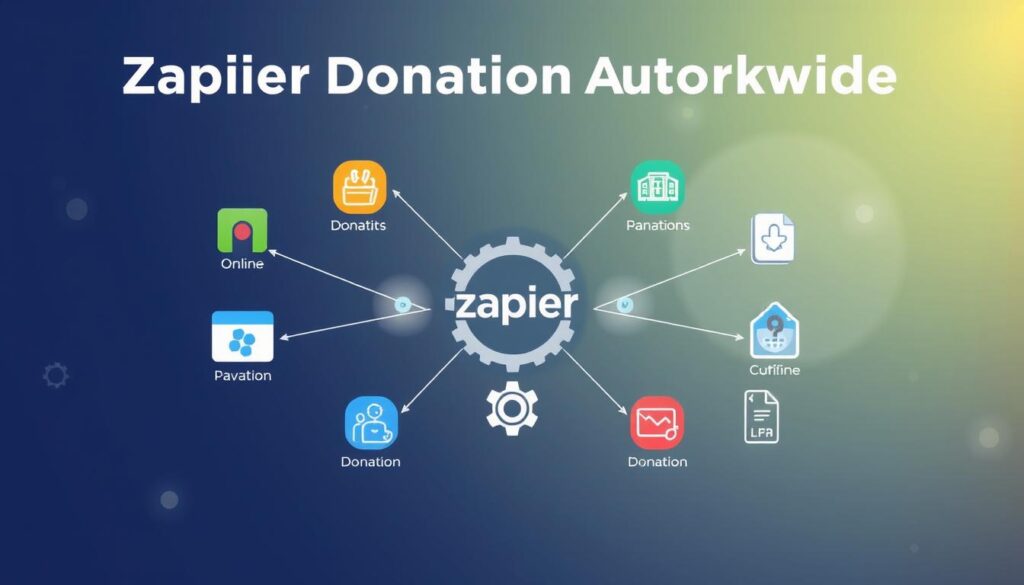 A detailed Zapier donation automation workflow diagram, illustrated in a clear and organized manner. The foreground features vibrant icons representing various online donation platforms, connected by arrows symbolizing the automated workflow. In the middle, a central node signifies Zapier, embellished with gears to convey automation. The background showcases a soft gradient with subtle light effects, emphasizing a tech-savvy atmosphere. Use a wide-angle perspective to create depth, and ensure the lighting is bright and inviting, suggesting efficiency and ease of use. The mood is professional yet approachable, aimed at promoting innovative solutions for fundraising in horse welfare campaigns. No text, watermarks, or other distractions should be present.