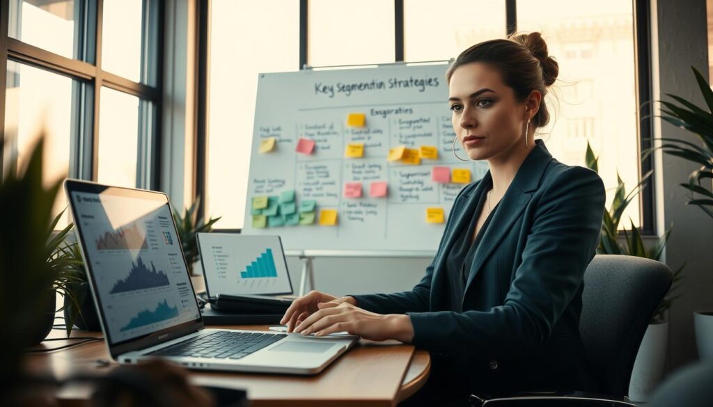 A modern office workspace featuring a professional businesswoman analyzing email segmentation strategies on a laptop. In the foreground, detailed elements include graphs and charts displayed on the screen, illustrating various email lists and supporter demographics. In the middle, a whiteboard filled with colorful sticky notes outlines key segmentation strategies related to horse welfare movements, emphasizing engagement and communication. The background shows large windows with natural light streaming in, creating a bright and inspiring atmosphere. The scene is photographed from a slight angle, focusing on the businesswoman's expression of concentration and determination. Soft, warm lighting enhances the productive mood, while potted plants in the corners add a touch of nature to the workspace. A modern office workspace featuring a professional businesswoman analyzing email segmentation strategies on a laptop. In the foreground, detailed elements include graphs and charts displayed on the screen, illustrating various email lists and supporter demographics. In the middle, a whiteboard filled with colorful sticky notes outlines key segmentation strategies related to horse welfare movements, emphasizing engagement and communication. The background shows large windows with natural light streaming in, creating a bright and inspiring atmosphere. The scene is photographed from a slight angle, focusing on the businesswoman's expression of concentration and determination. Soft, warm lighting enhances the productive mood, while potted plants in the corners add a touch of nature to the workspace.