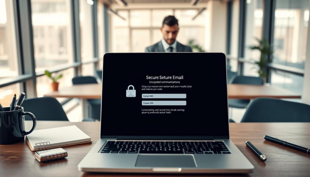 A modern workspace featuring a laptop displaying the ProtonMail interface for secure email setup, with encrypted communication visuals like padlocks and digital codes in the foreground. Surrounding the laptop, include neatly arranged stationery items, such as a notepad, pens, and a coffee mug, to create an inviting atmosphere. In the middle ground, a person in professional business attire is focused on setting up their email account, exuding concentration and security. The background should feature a bright, airy office environment with large windows letting in natural light, creating a warm and secure ambiance. Use a high-angle shot to capture the workspace, emphasizing the laptop and the commitment to privacy, while maintaining a sleek and tech-savvy aesthetic.