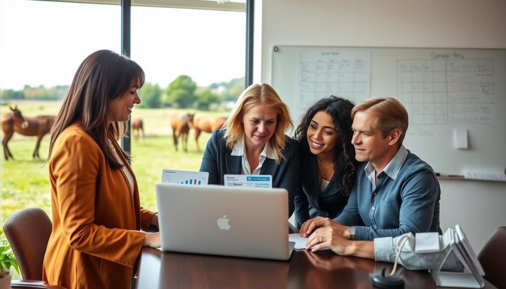 A professional office environment focused on donor management integration for horse welfare movements. In the foreground, a diverse group of three professionals—two women and a man—are engaged in a discussion around a laptop displaying graphs and charts related to donor contributions. They are dressed in smart casual attire, with a warm color palette creating an inviting atmosphere. The middle ground features a large window with natural light flooding the space, highlighting a lush outdoor view of green pastures and horses grazing peacefully. In the background, a whiteboard is filled with notes and plans, symbolizing collaboration and strategy. The scene conveys a sense of teamwork, commitment, and the importance of managing donor relationships effectively in support of equine welfare initiatives. The image is well-lit, focusing on clarity and professionalism. A professional office environment focused on donor management integration for horse welfare movements. In the foreground, a diverse group of three professionals—two women and a man—are engaged in a discussion around a laptop displaying graphs and charts related to donor contributions. They are dressed in smart casual attire, with a warm color palette creating an inviting atmosphere. The middle ground features a large window with natural light flooding the space, highlighting a lush outdoor view of green pastures and horses grazing peacefully. In the background, a whiteboard is filled with notes and plans, symbolizing collaboration and strategy. The scene conveys a sense of teamwork, commitment, and the importance of managing donor relationships effectively in support of equine welfare initiatives. The image is well-lit, focusing on clarity and professionalism.