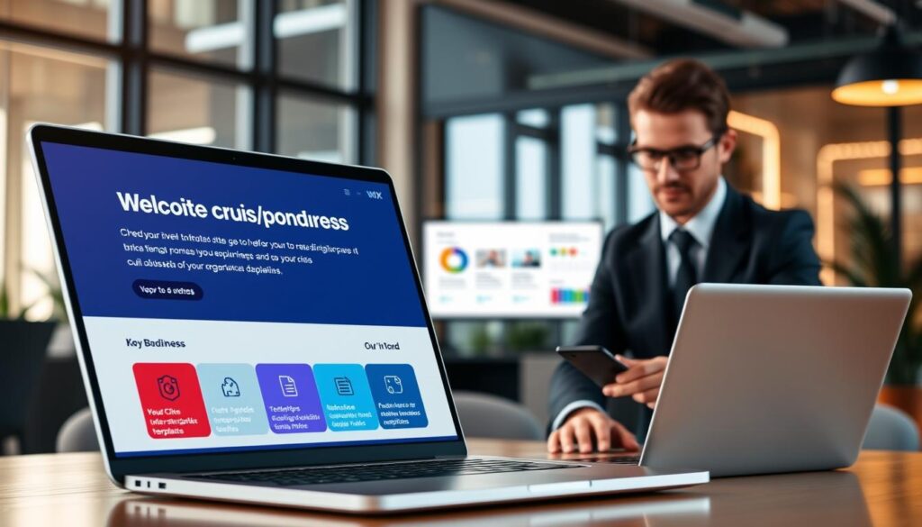A sleek and modern website interface displaying Wix's crisis deployment tools dominates the foreground, featuring vivid icons and an intuitive layout. In the middle ground, a user in professional business attire, focused and engaged, interacts with a laptop showcasing the Wix platform, with vibrant analytics and customizable templates visible. The background consists of a blurred office setting with soft natural lighting filtering through large windows, creating a warm and encouraging atmosphere. The overall mood conveys efficiency and preparedness, highlighting the significance of effective website tools for organizations in times of crisis. The angle is slightly elevated, giving a wide view of the scene while keeping the focus on the Wix interface and the user’s actions. A sleek and modern website interface displaying Wix's crisis deployment tools dominates the foreground, featuring vivid icons and an intuitive layout. In the middle ground, a user in professional business attire, focused and engaged, interacts with a laptop showcasing the Wix platform, with vibrant analytics and customizable templates visible. The background consists of a blurred office setting with soft natural lighting filtering through large windows, creating a warm and encouraging atmosphere. The overall mood conveys efficiency and preparedness, highlighting the significance of effective website tools for organizations in times of crisis. The angle is slightly elevated, giving a wide view of the scene while keeping the focus on the Wix interface and the user’s actions.