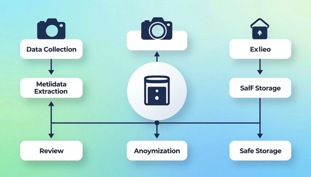 A detailed, professional diagram illustrating the metadata hygiene process, specifically focused on EXIF and geotags. In the foreground, a stylized flowchart representation with clear arrows navigating between key steps: data collection, metadata extraction, review, anonymization, and safe storage. In the middle ground, various icons symbolizing cameras, storage devices, and data privacy, seamlessly integrating with the flowchart. The background features a gradient of soft blues and greens, conveying a sense of security and organization. The lighting is bright and even, enhancing the clarity of the diagram. The image has a clean, modern aesthetic, evoking a proactive and responsible approach to digital media management while maintaining a professional atmosphere. No text or annotations present.