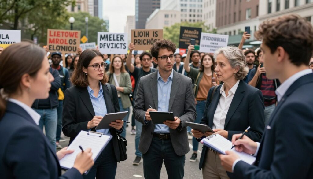 A dynamic and engaging scene capturing a case study on livestream protocols during mass protests. In the foreground, a diverse group of individuals in professional business attire observes and discusses guidelines. They hold tablets and notebooks, jotting down notes, illuminated by soft, natural lighting for a collaborative atmosphere. In the middle, a vibrant crowd participates in a peaceful protest, some demonstrating with raised signs, while others capture the moment on their smartphones, showcasing an air of respectful engagement. The background features a city skyline, establishing the setting as an urban environment. The overall mood is serious but hopeful, emphasizing the importance of consent and responsibility in livestreaming during public demonstrations. Use a slightly elevated angle to capture the depth of interaction and energy in the scene.