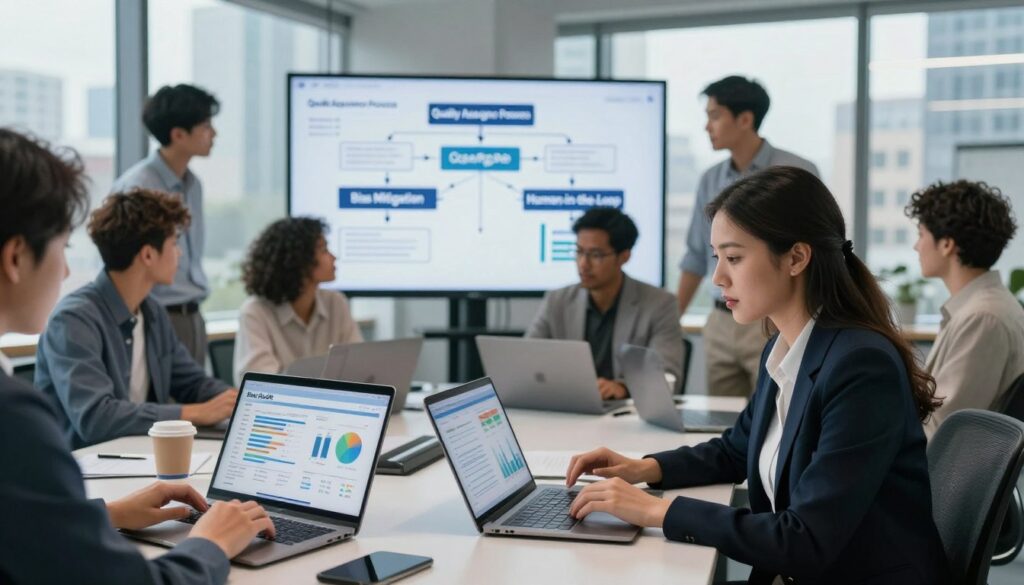 A modern office environment serving as the backdrop, filled with a diverse group of professionals engaged in discussions around laptops and digital screens displaying charts and graphs. In the foreground, a focused woman in professional business attire is analyzing a report labeled "Bias Audit," with highlighted data points. The middle layer features a large digital board showcasing a flowchart labeled "Quality Assurance Process" with arrows connecting to "Bias Mitigation" and "Human-in-the-Loop". The background includes a cityscape visible through large windows, with soft, natural lighting filtering in, creating an atmosphere of collaboration and innovation. The overall mood is serious yet optimistic, reflecting the importance of ethical AI use.