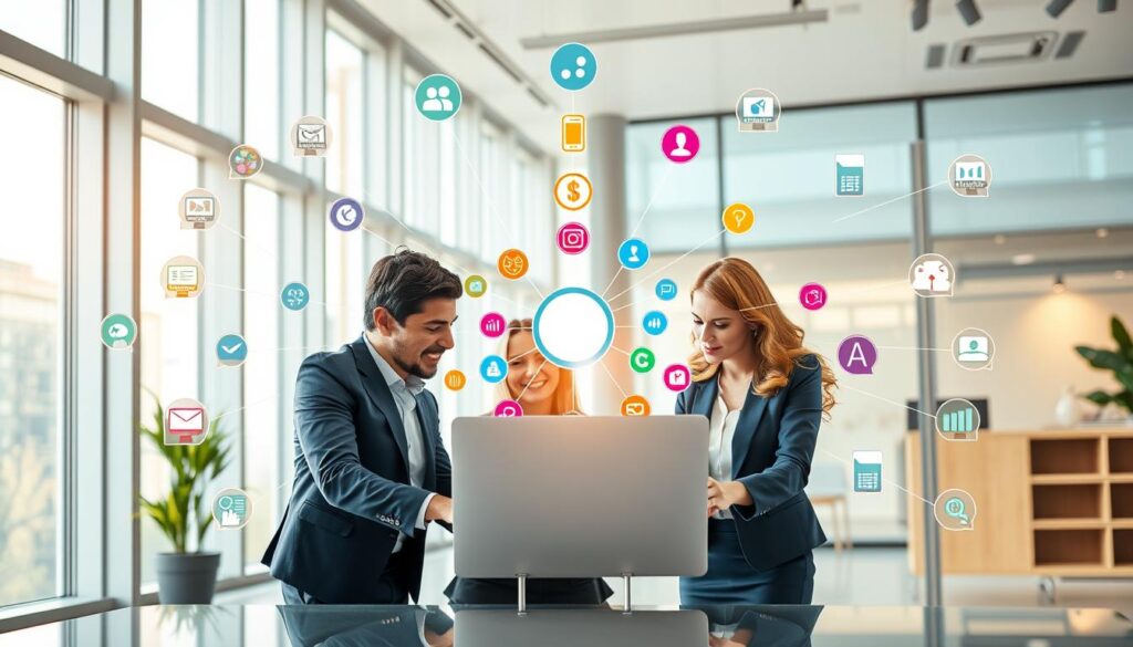 A dynamic illustration of a multi-platform organizing narrative framework, portraying a central hub surrounded by interconnected digital platforms. In the foreground, a diverse group of three professionals in smart business attire collaborate around a sleek laptop, engaged in lively discussion. The middle features a vibrant network diagram with colorful icons representing various digital platforms, symbolizing unified messaging strategies. The background showcases a modern office space with large windows allowing natural light to flood in, creating a warm atmosphere. The overall mood is collaborative and innovative, emphasizing teamwork and strategic communication. The image should be well-lit, with a focus on the professionals and the digital connections, capturing the essence of coordination across multiple platforms.
