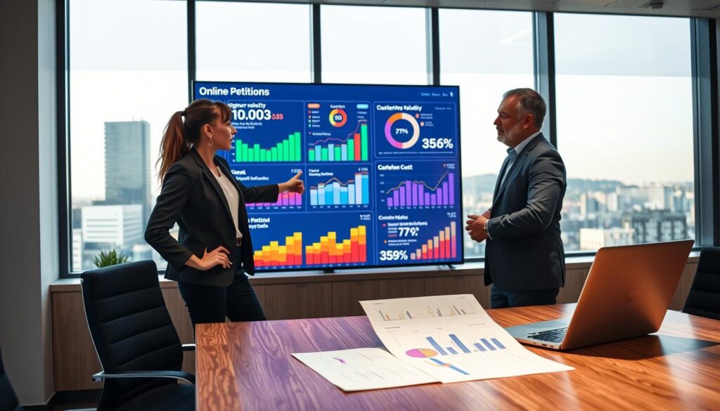 A modern, sleek workspace with a large digital dashboard displaying colorful graphs and metrics related to online petitions. In the foreground, a professional-looking businesswoman in smart casual attire points at the dashboard, engaged in a discussion with a male colleague dressed in business attire. The dashboard features Key Performance Indicators (KPIs) such as signature velocity, churn rate, and customer acquisition cost, illuminated with bright, ambient lighting. In the middle ground, a laptop with charts and analytics reports is open on a polished wooden desk. The background shows a window with a cityscape view and soft natural light filtering in. The mood is collaborative and focused, suggesting a strategic planning session. The lens is slightly wide-angle, capturing the dynamic environment of teamwork in action.