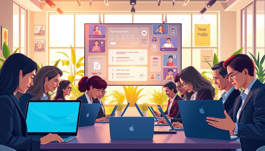 A vibrant illustration of a multi-platform organizing volunteer coordination scene. In the foreground, a diverse group of volunteers in professional business attire engages with sleek laptops and tablets, showcasing digital communication interfaces. The middle layer depicts a large, interactive digital screen displaying real-time progress on various platforms, with visuals of social media, messaging apps, and virtual meetings. In the background, a bright, airy workspace filled with potted plants and motivational posters fosters a collaborative atmosphere. Soft, natural lighting streams in through large windows, creating an inviting mood. The perspective is a dynamic angle, emphasizing teamwork and connectivity, while the overall color palette is warm and encouraging, symbolizing unity in action.