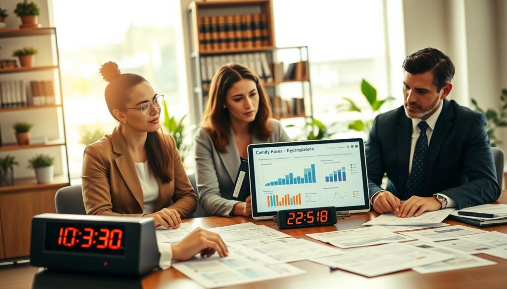 A professional setting showcasing legal compliance advocacy focused on digital communication laws. In the foreground, a diverse group of three individuals in business attire—two women and one man—are engaged in a discussion, surrounded by documents and a laptop displaying graphs and charts about email and SMS regulations. The middle layer features a large table with various papers, highlighting compliance guidelines, with a soft-focus view of a digital clock indicating "Quiet Hours." The background is a well-lit office space with shelves filled with law books and plants, conveying a sense of professionalism and seriousness. Warm, natural lighting enhances the atmosphere, creating a mood of collaboration and insight.