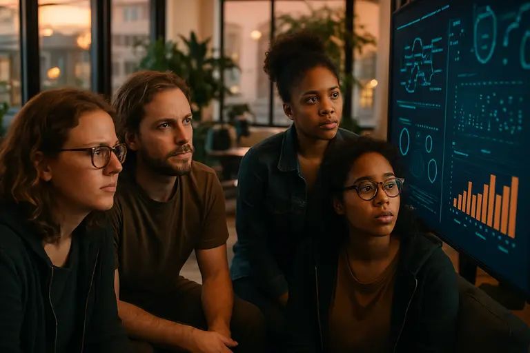 Advocacy team checking generated media labels on a laptop screen