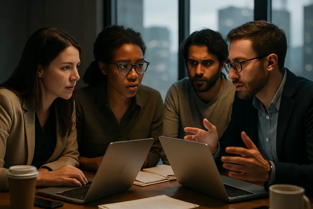 Volunteers reviewing AI Oversight Initiatives in a digital campaign workspace