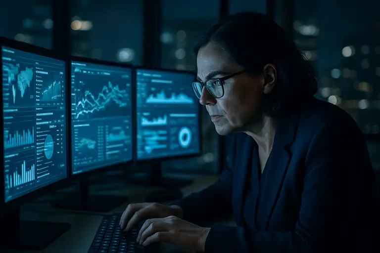 Dashboard-style records on a screen with people reviewing platform reports