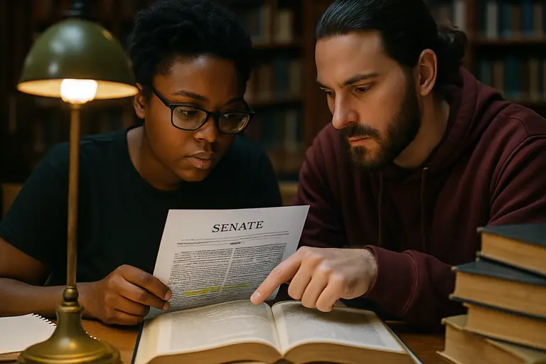 Researcher reviewing legislative notes beside a laptop