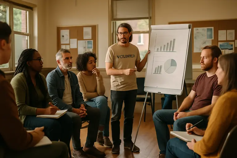 Volunteers sorting documents during a civic advocacy session